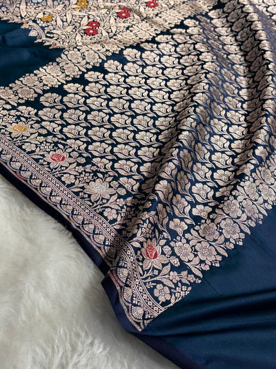 Banarasi Mashru silk meena kari work saree in German blue colour