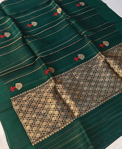 Pure handloom kora silk saree in stripes design with meenakari work in bottle green colour
