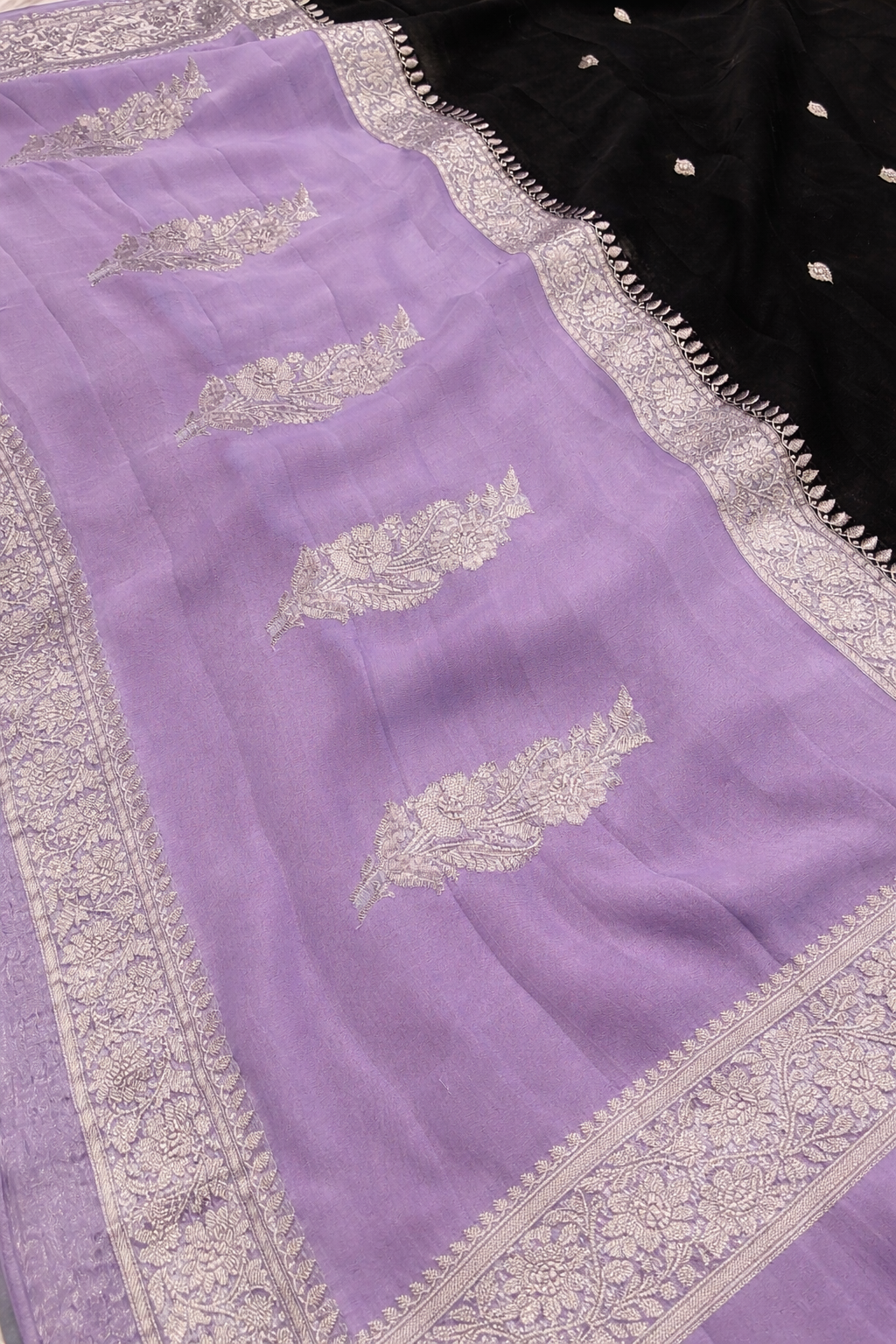 Pure khaddi chiffon saree in black and lavender colour