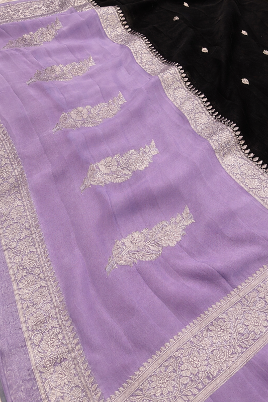 Pure khaddi chiffon saree in black and lavender colour