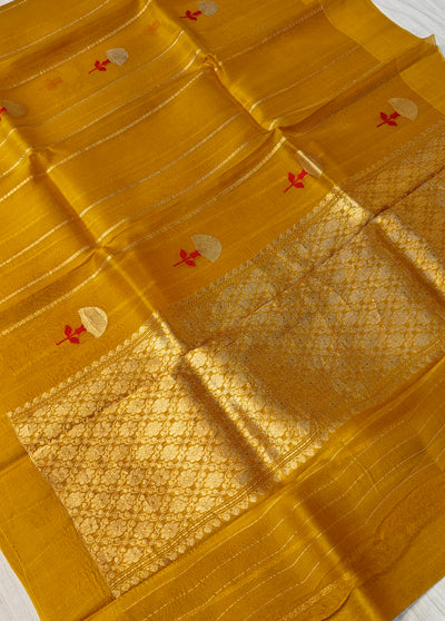 Pure handloom kora silk saree in stripes design with meenakari work in mustard colour