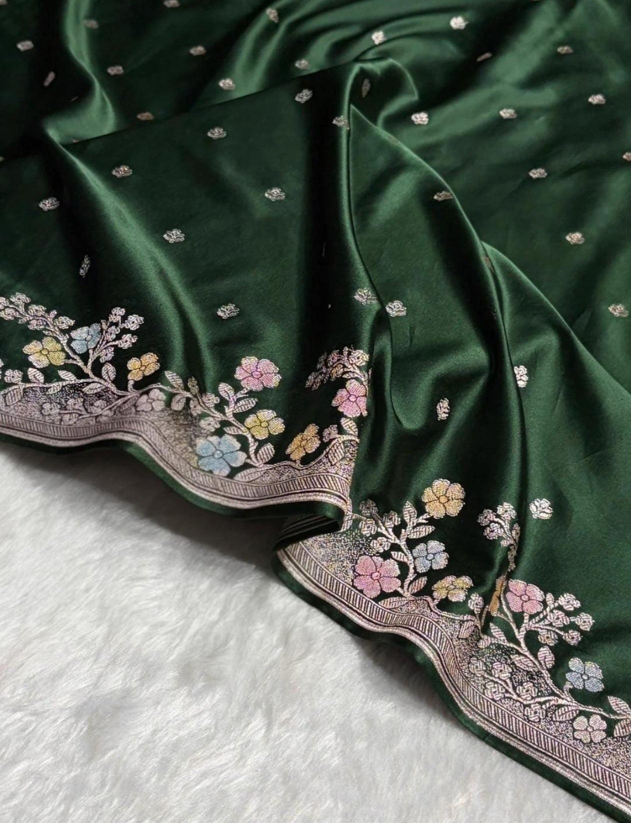 Banarasi Mashru silk saree in bottle green colour with handbrush paint work
