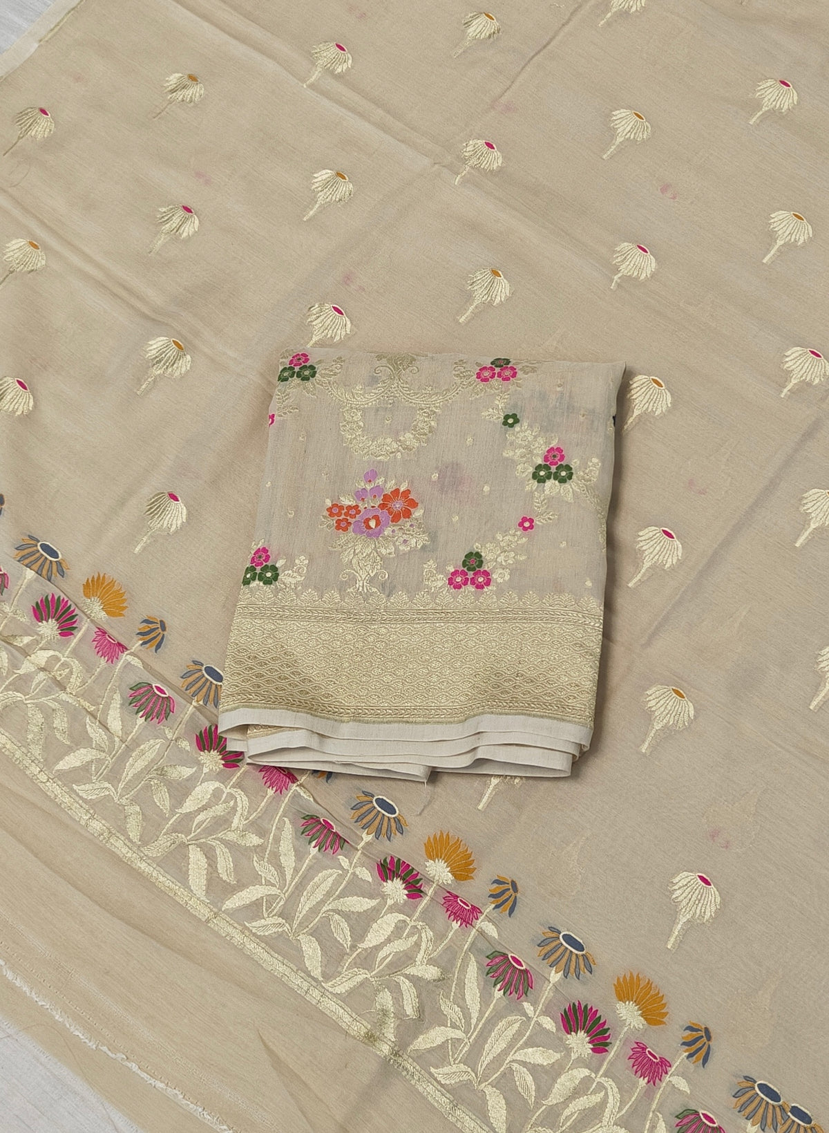 Pure moonga silk suit with meenakari work in off white colour