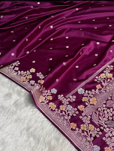 Banarasi Mashru silk saree in magenta colour with handbrush paint work