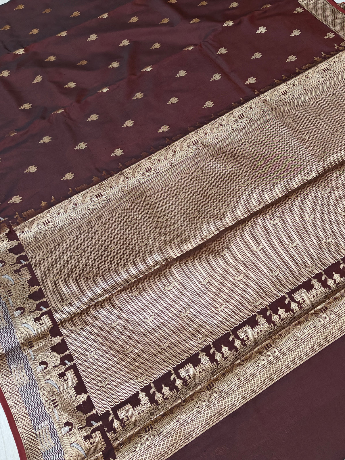 Banarasi soft katan silk saree in dark brown colour