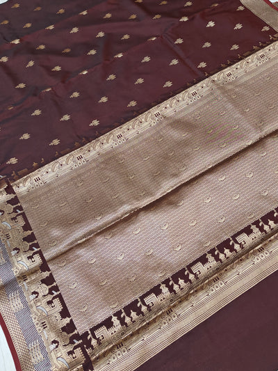 Banarasi soft katan silk saree in dark brown colour