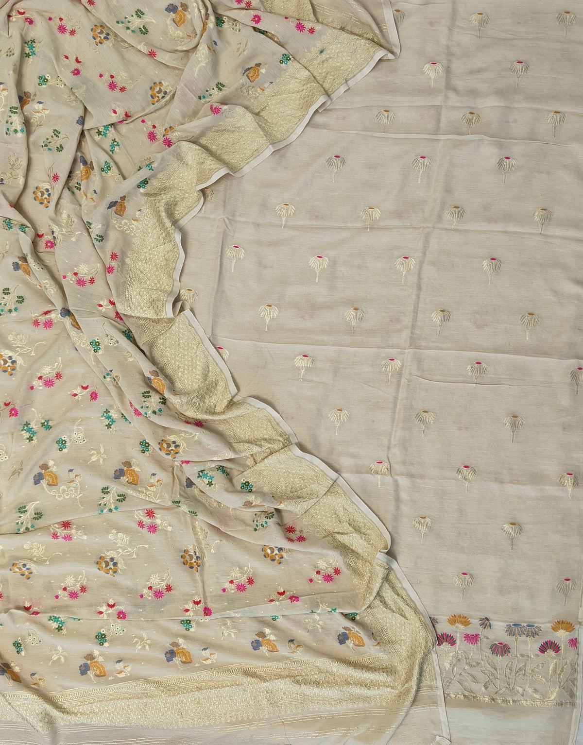 Pure moonga silk suit with meenakari work in off white colour