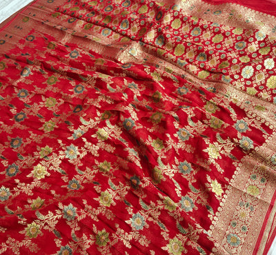 Red colour jaal georgette silk Banarasi saree with multiple meenakari work