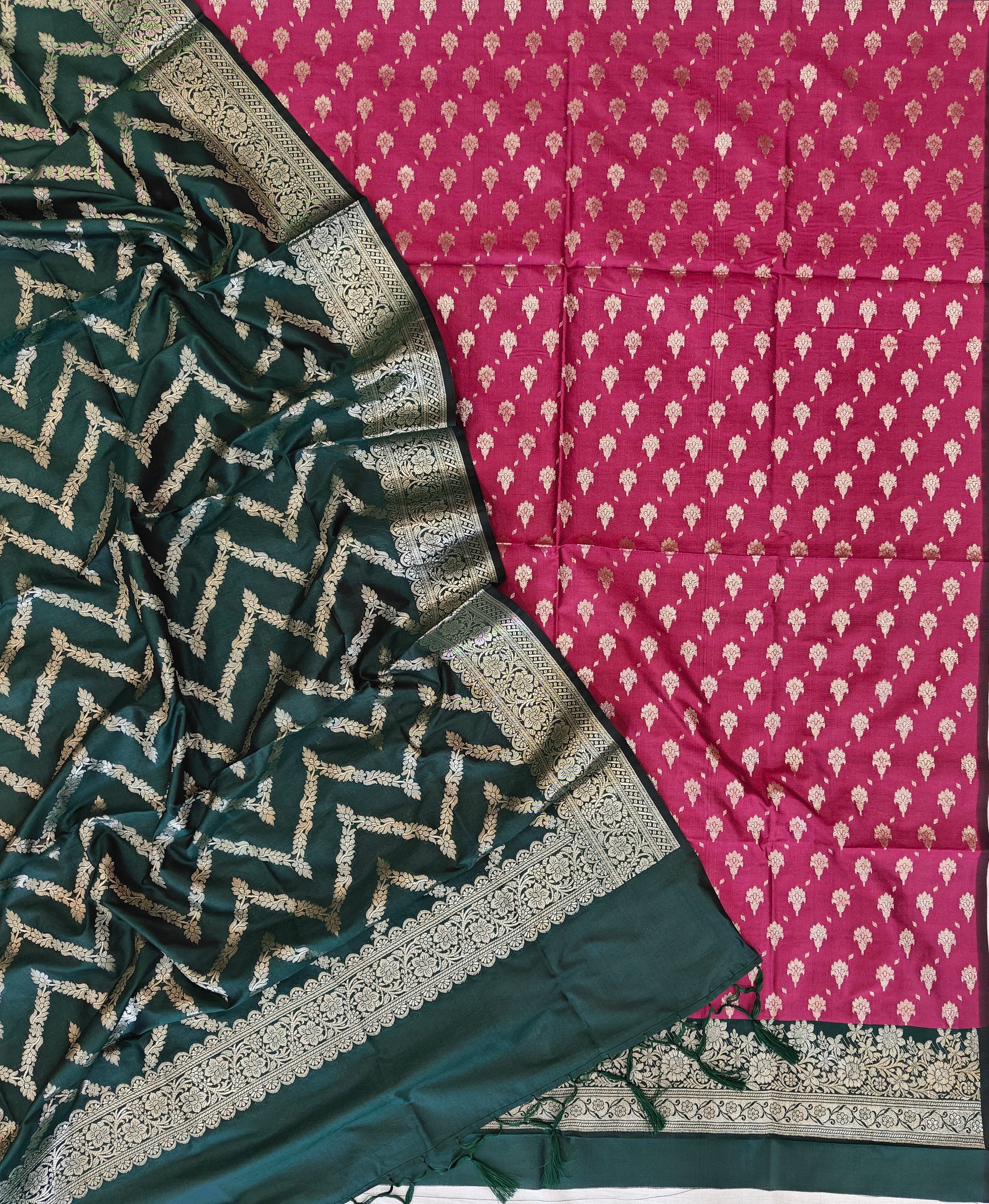 Banarasi soft silk suit in rani and bottle green colour combination