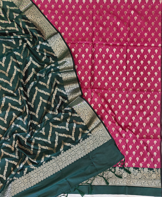 Banarasi soft silk suit in rani and bottle green colour combination