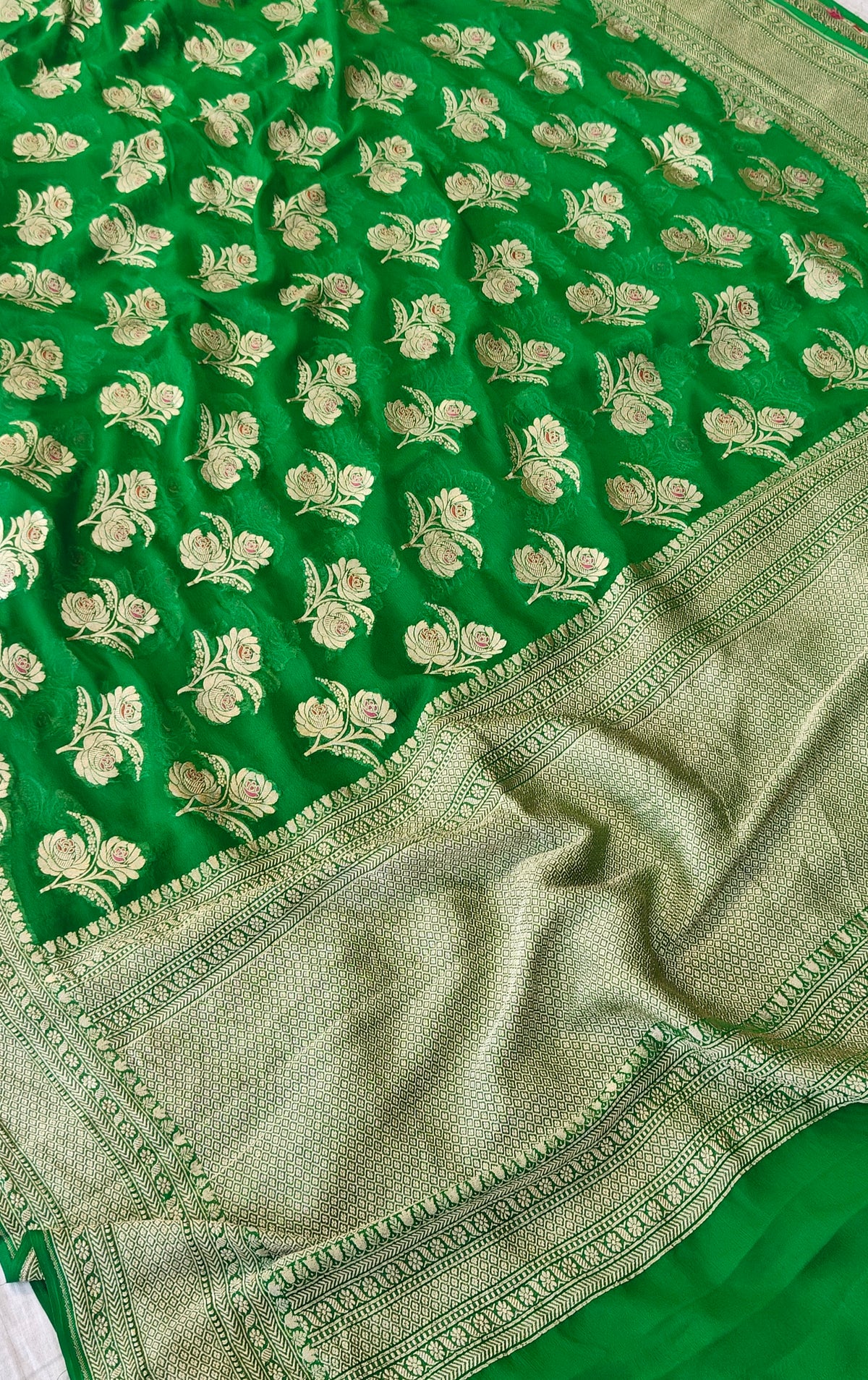 Pure georgette banarasi saree in green colour with multiple meenakari work