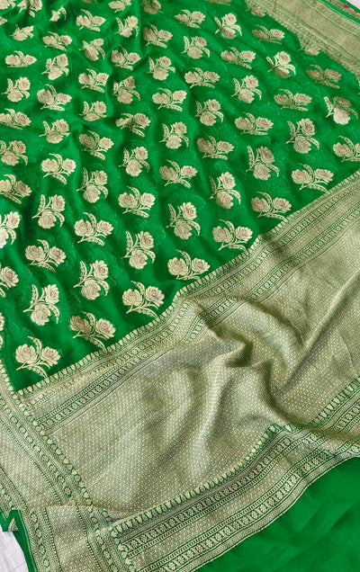 Pure georgette banarasi saree in green colour with multiple meenakari work