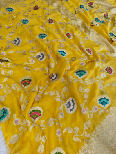 Premium pure georgette banarasi saree in yellow colour with multiple meenakari work