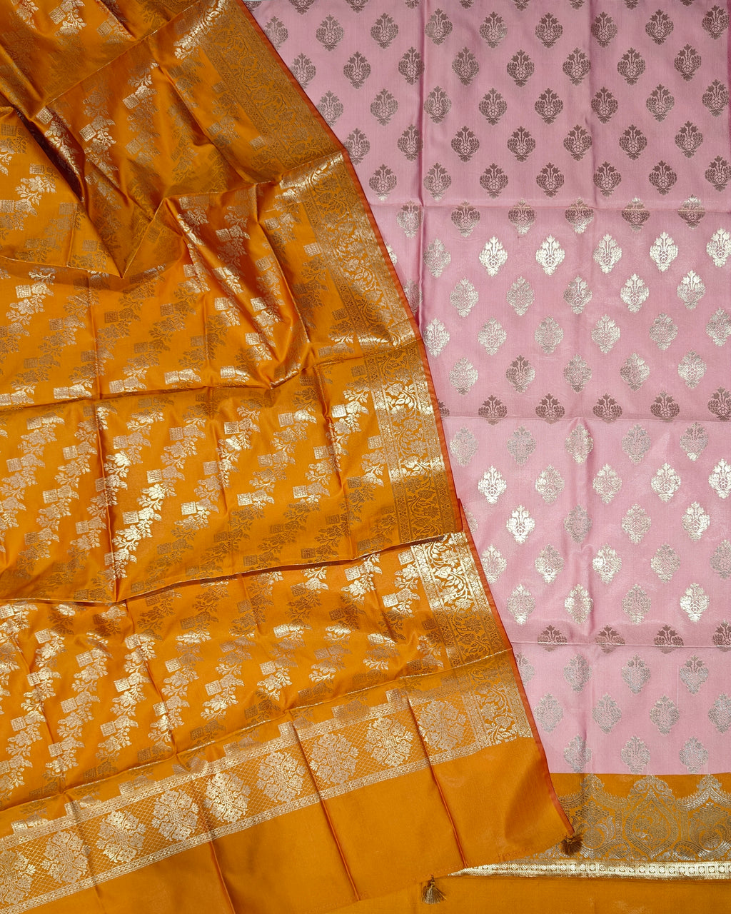 Banarasi soft silk suit in baby pink and fanta orange colour combination