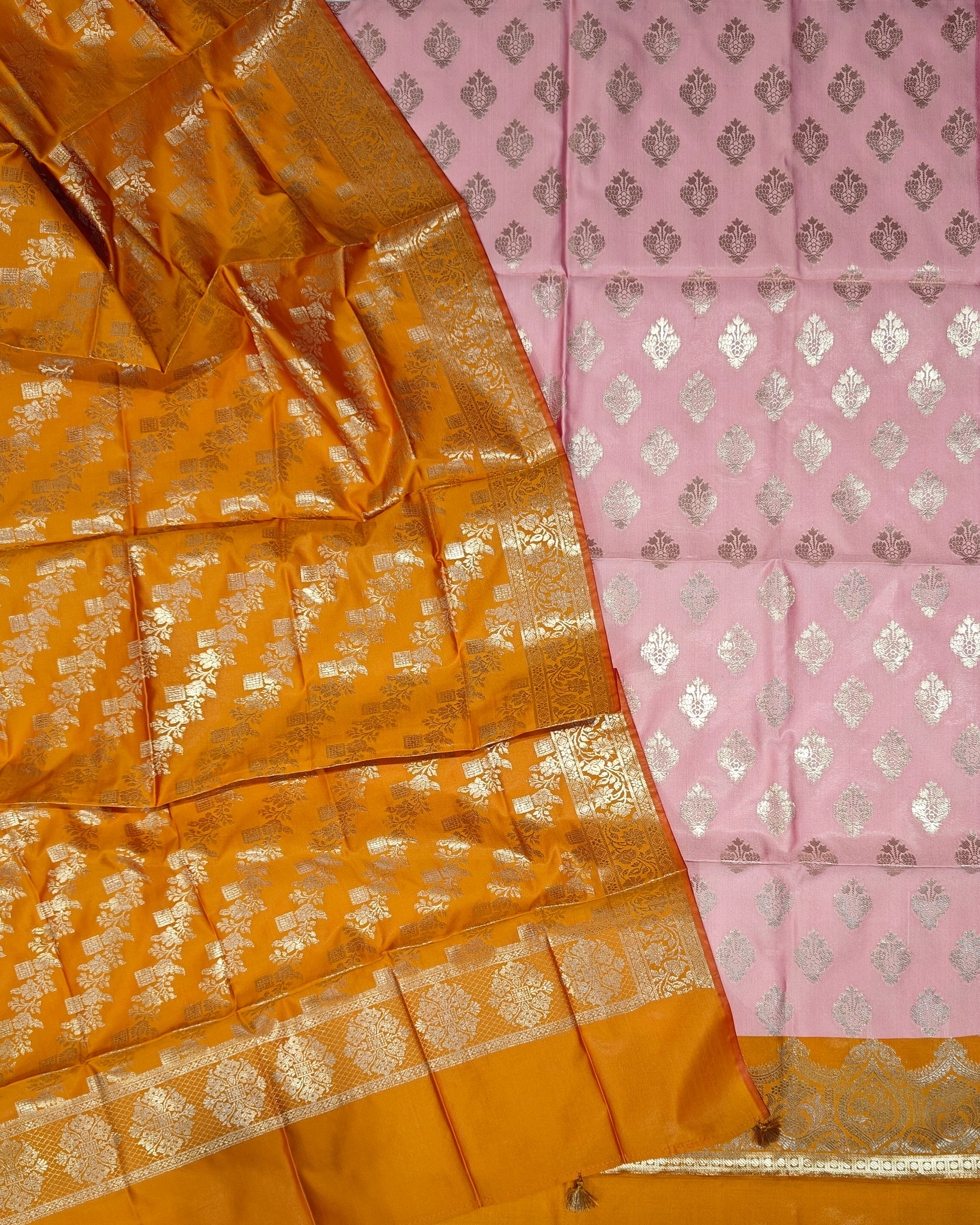 Banarasi soft silk suit in baby pink and fanta orange colour combination