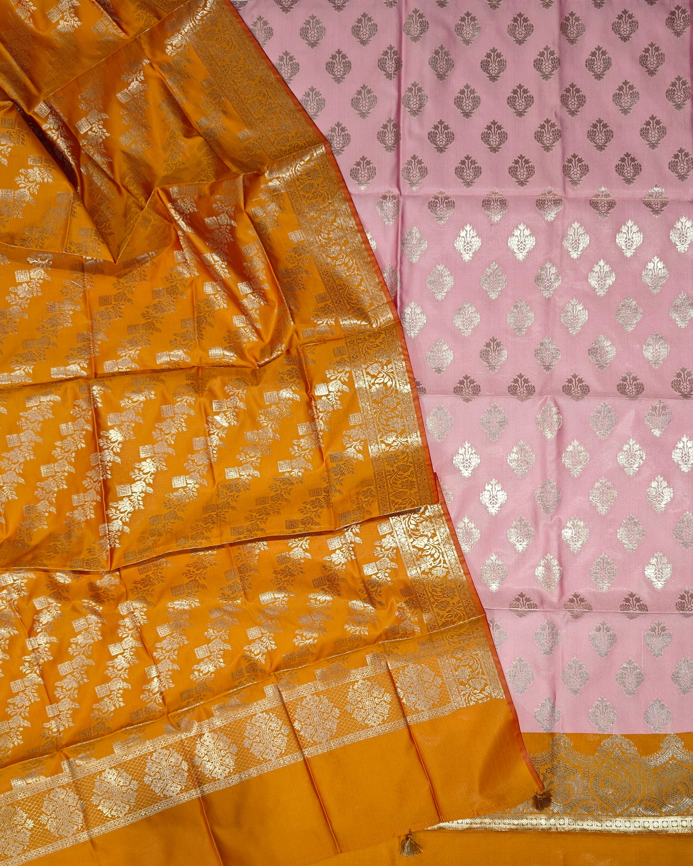 Banarasi soft silk suit in baby pink and fanta orange colour combination