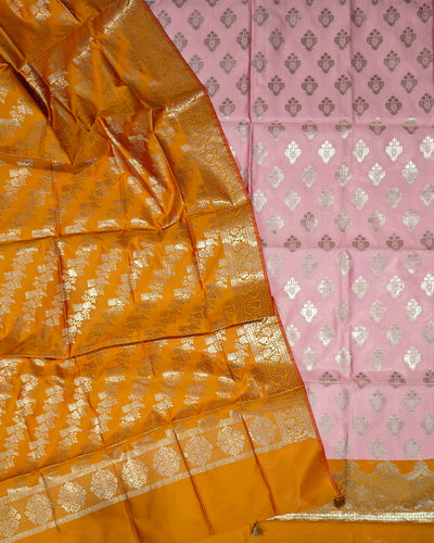 Banarasi soft silk suit in baby pink and fanta orange colour combination