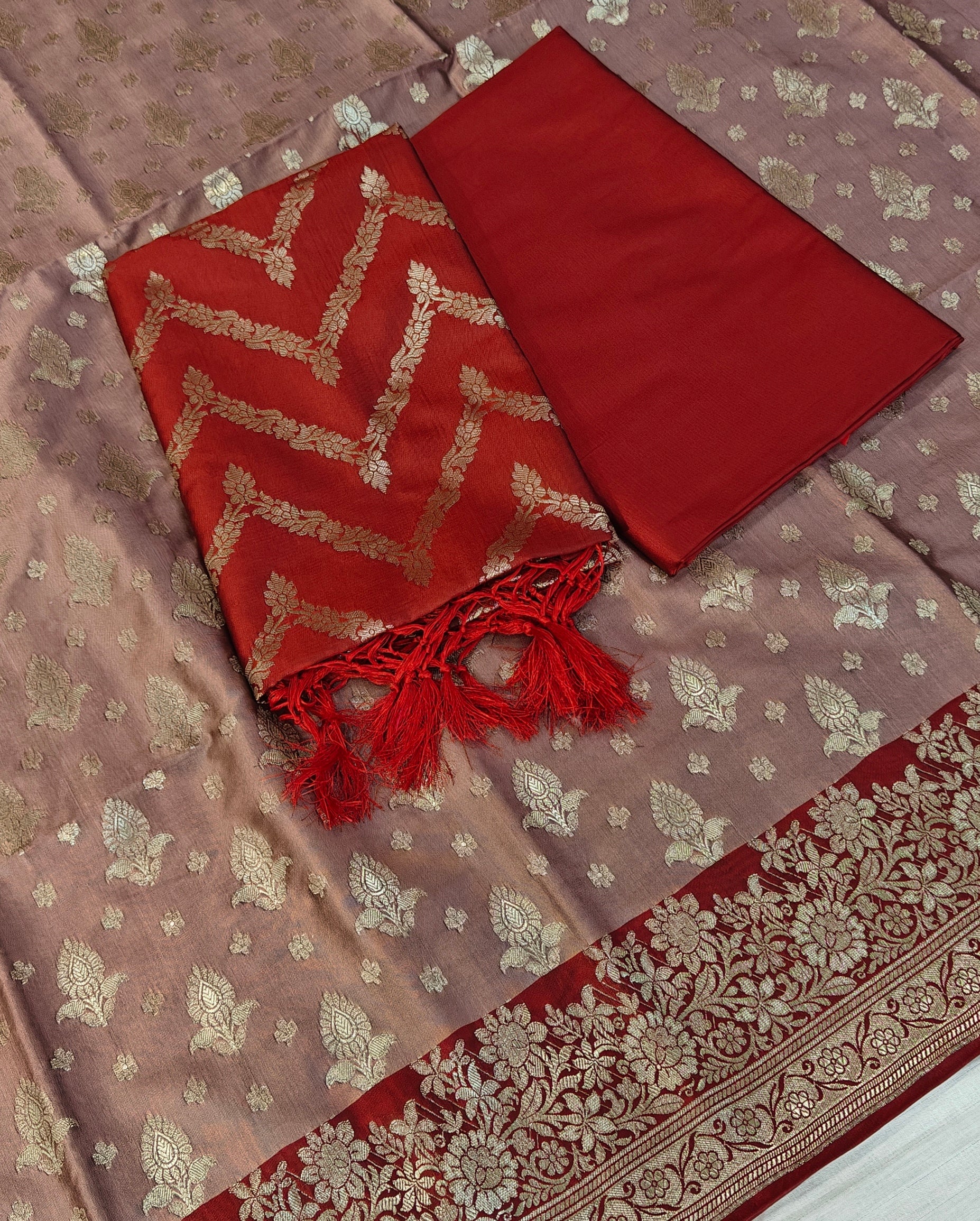 Banarasi soft silk suit in Tea Rose and Red colour combination