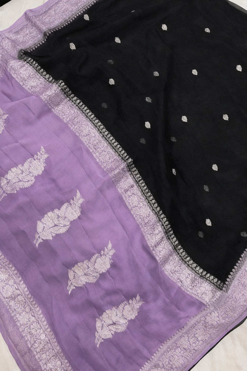 Pure khaddi chiffon saree in black and lavender colour