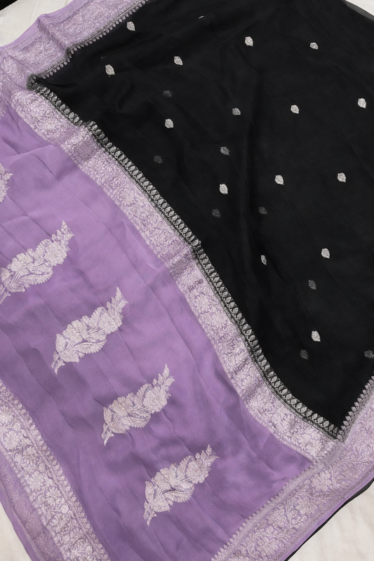 Pure khaddi chiffon saree in black and lavender colour