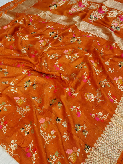 Premium pure georgette banarasi saree in rust orange colour with multiple meenakari work