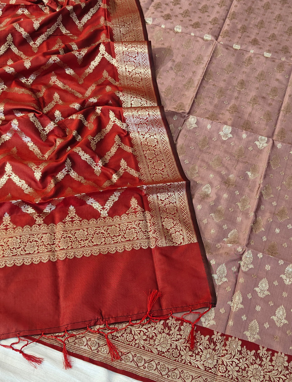 Banarasi soft silk suit in Tea Rose and Red colour combination