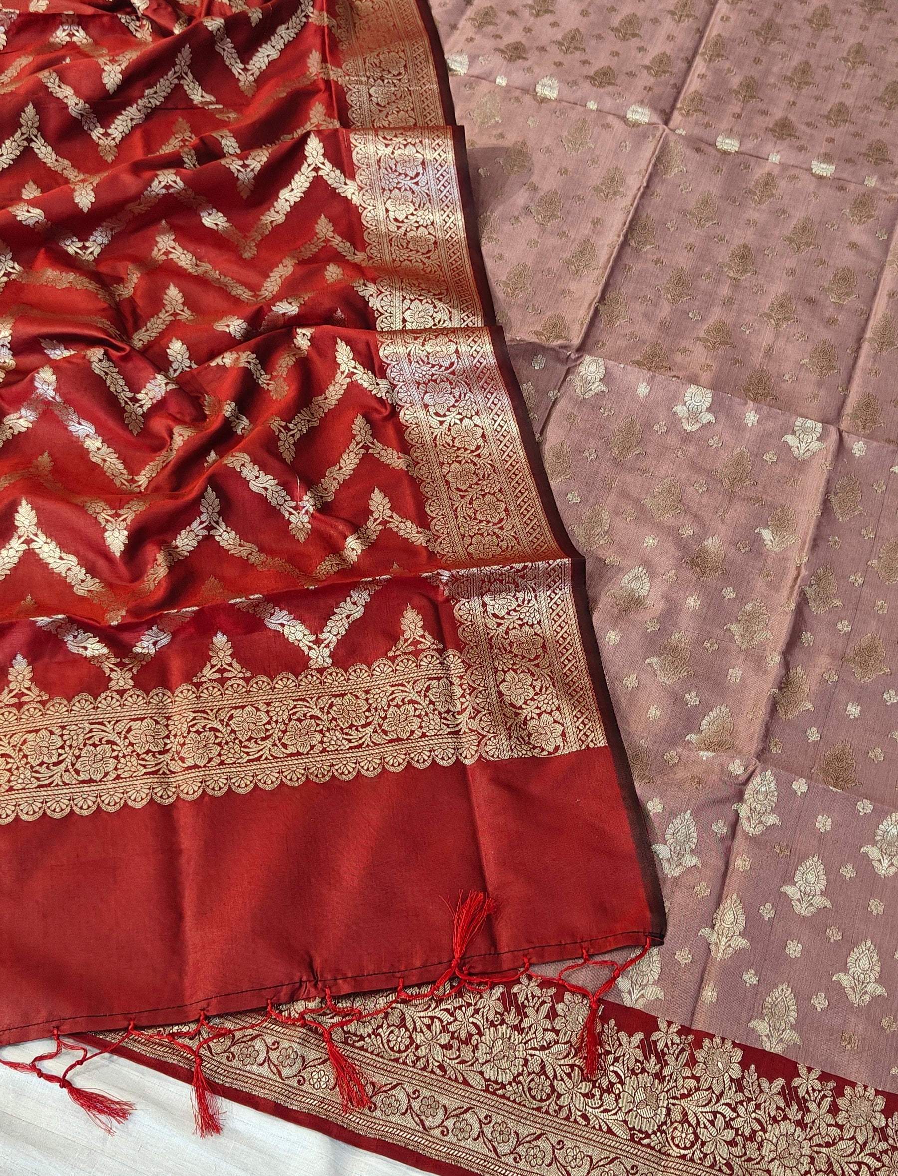 Banarasi soft silk suit in Tea Rose and Red colour combination