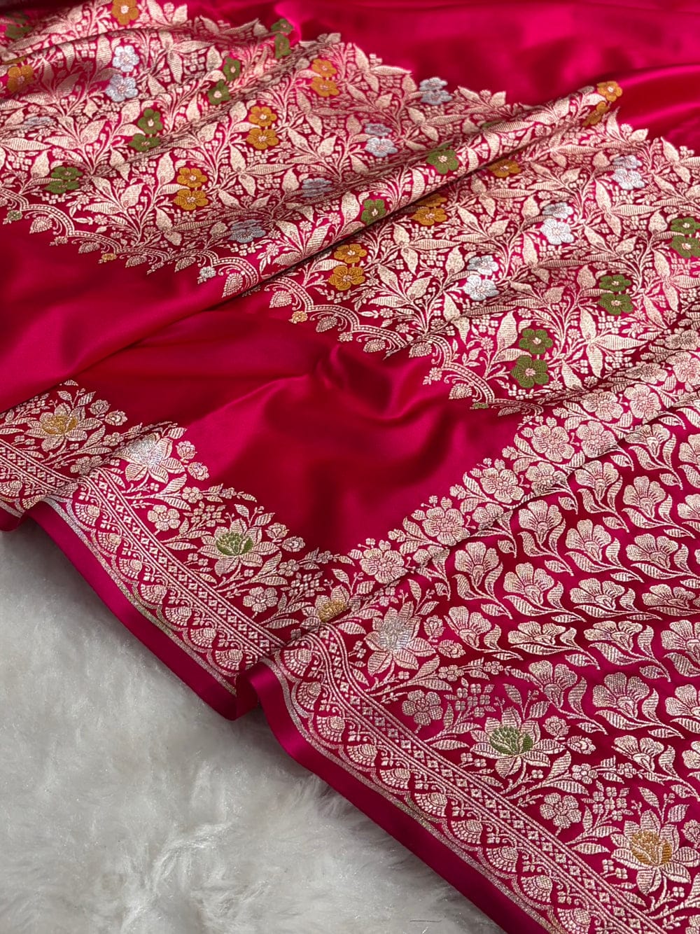 Banarasi Mashru silk meena kari work saree in red colour