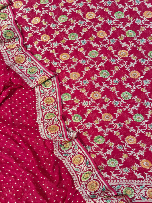 Banarasi Georgette Hand Brush Suit Set in cherry colour