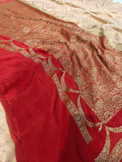Pure khaddi crepe silk saree laheriya border design with monopoly blouse piece design in off white with blood red