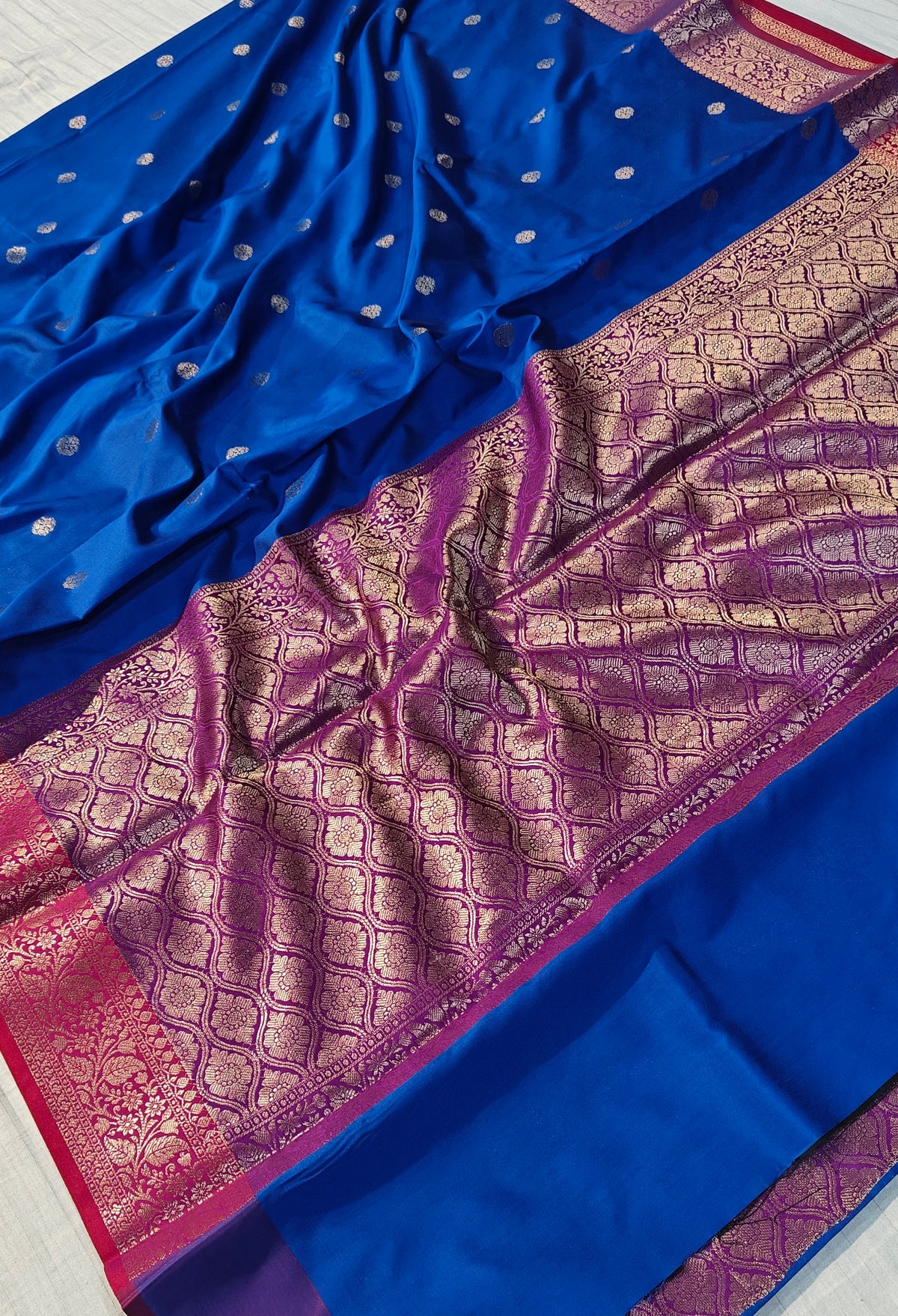 Banarasi soft katan silk saree in   blue with rani colour contrast