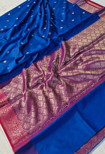 Banarasi soft katan silk saree in   blue with rani colour contrast
