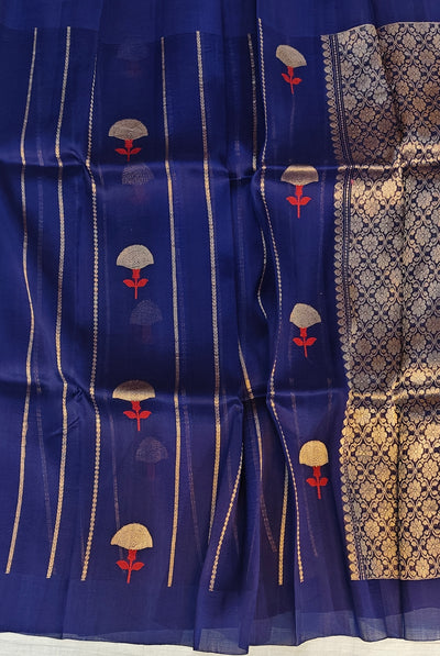 Pure handloom kora silk saree in stripes design with meenakari work in navy blue colour
