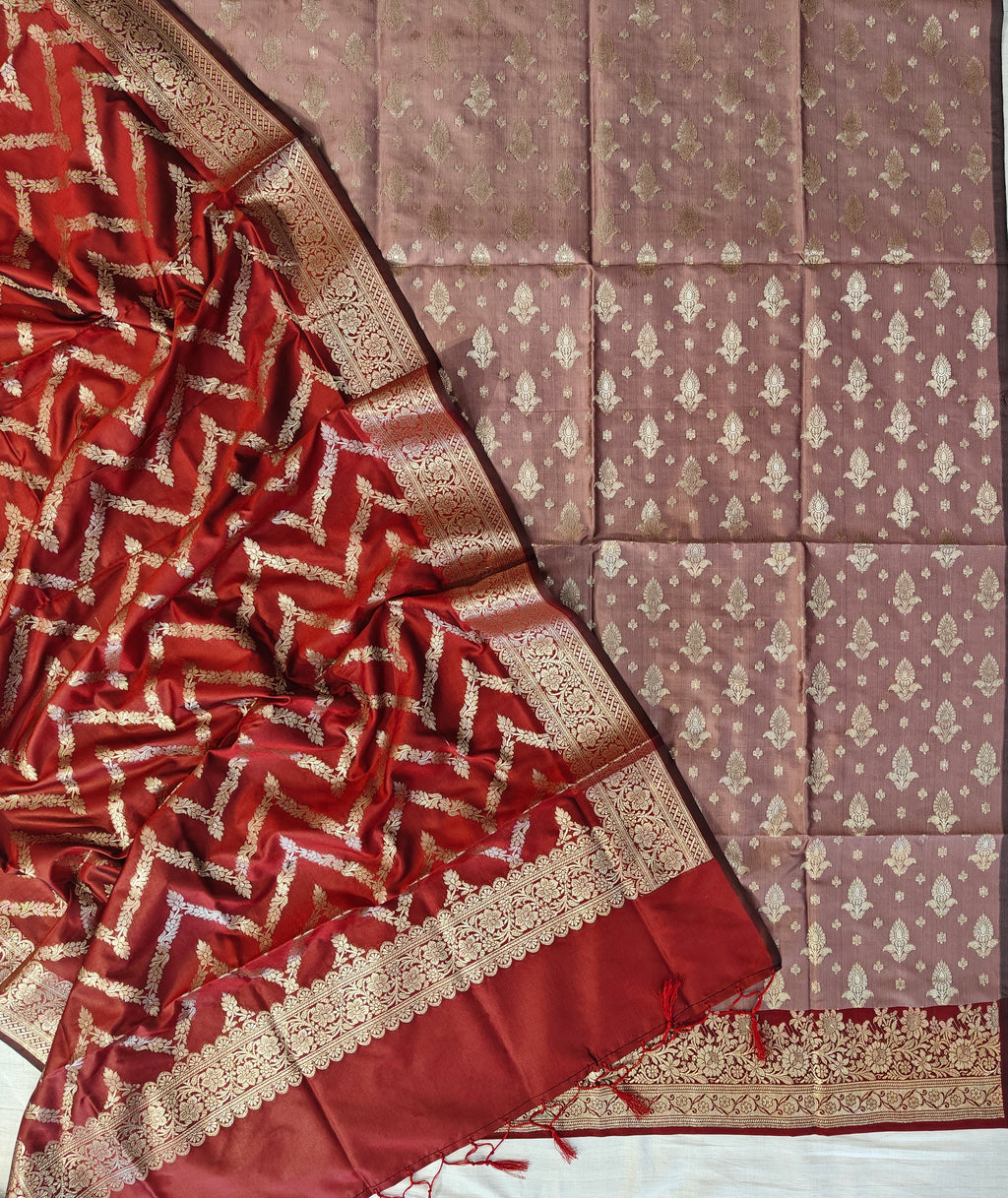 Banarasi soft silk suit in Tea Rose and Red colour combination