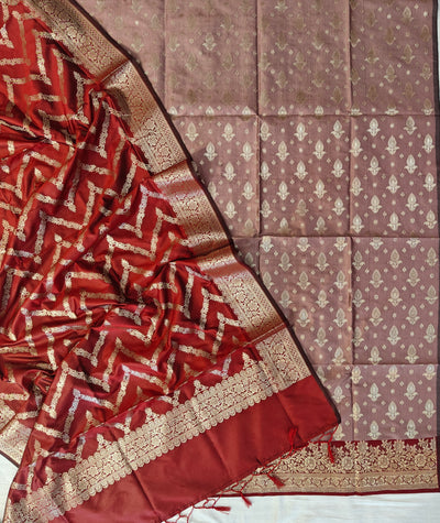 Banarasi soft silk suit in Tea Rose and Red colour combination